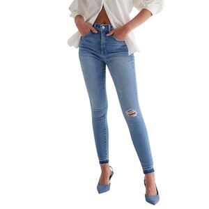 Express Womens High Waisted Medium Wash Ripped Raw Drop Hem Skinny Jeans Size 0R